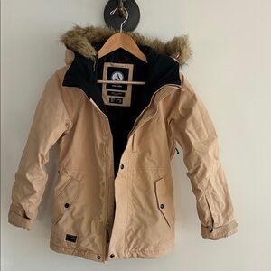Volcom Kids Beige Puffer Jacket with Faux Fur Hood